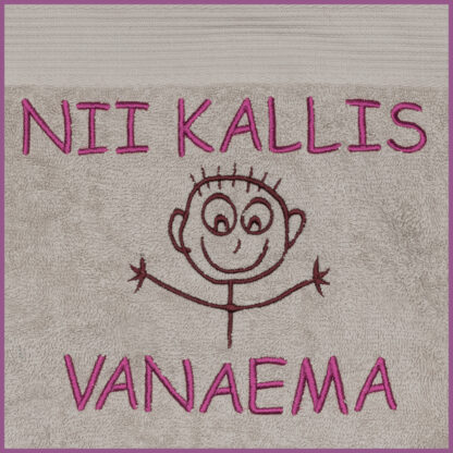 Tikandiga saunalina "NII KALLILE VANAEMALE". 100% puuvilla, 140x70cm.