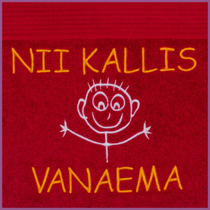Tikandiga saunalina "NII KALLILE VANAEMALE". 100% puuvilla, 140x70cm.